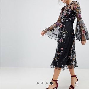 Embroidered mesh midi dress